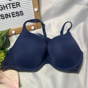 Victoria’s Secret T-Shirt Push-Up Bra 32D Navy Blue Lace Back Front Close
